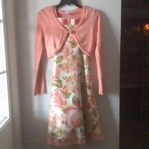 Peachy floral dress with matching sweater